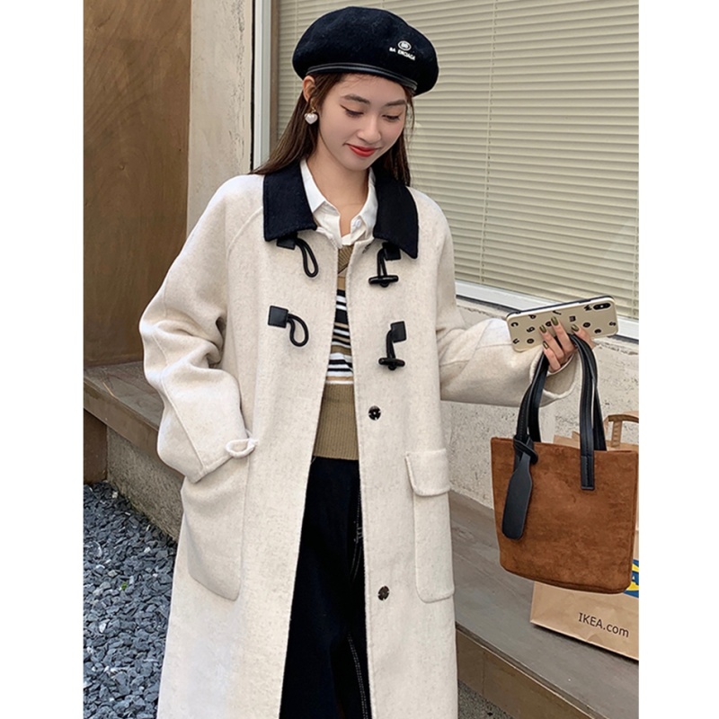 Horn buckle overcoat slim wool coat for women