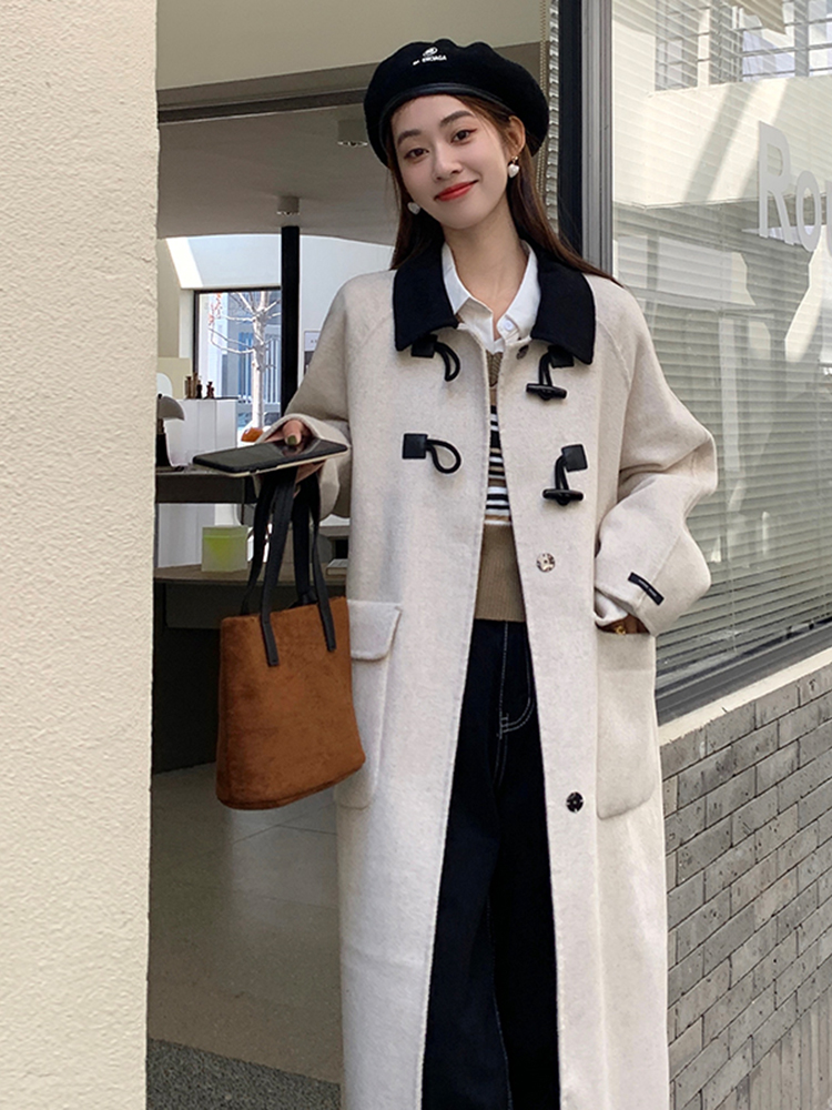 Horn buckle overcoat slim wool coat for women