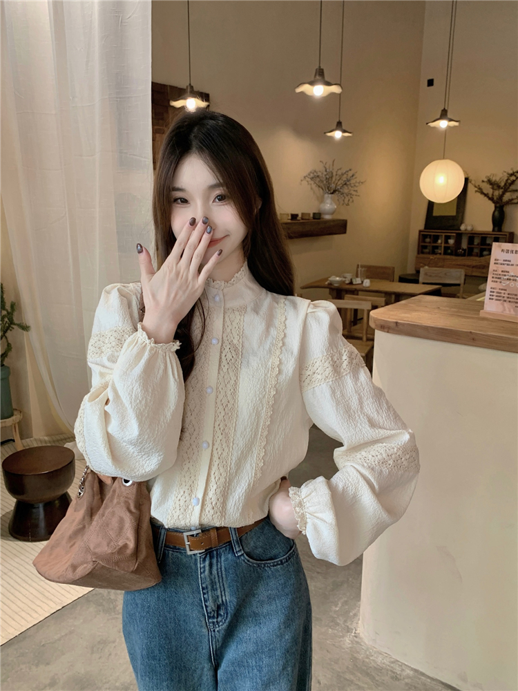 Long sleeve apricot shirt France style splice tops