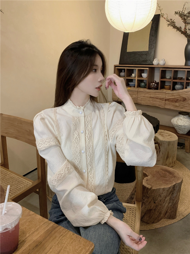 Long sleeve apricot shirt France style splice tops