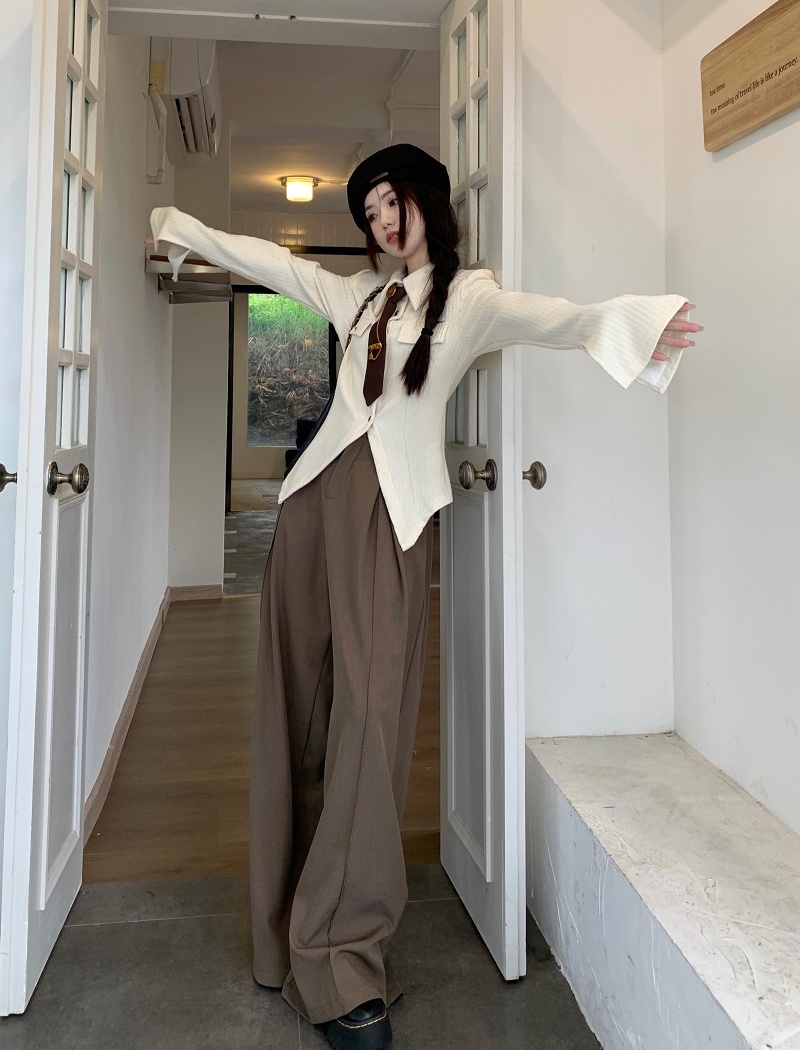 Fake pocket with tie shirt long sleeve wide leg pants for women