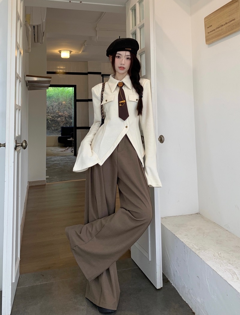 Fake pocket with tie shirt long sleeve wide leg pants for women