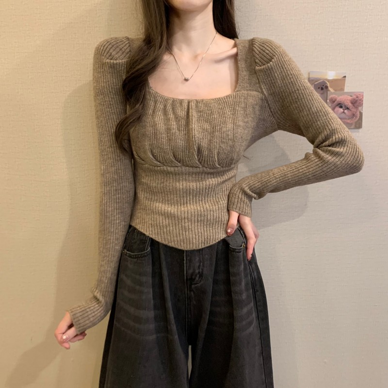 Square collar Korean style knitted autumn and winter tops