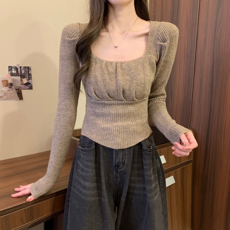Square collar Korean style knitted autumn and winter tops
