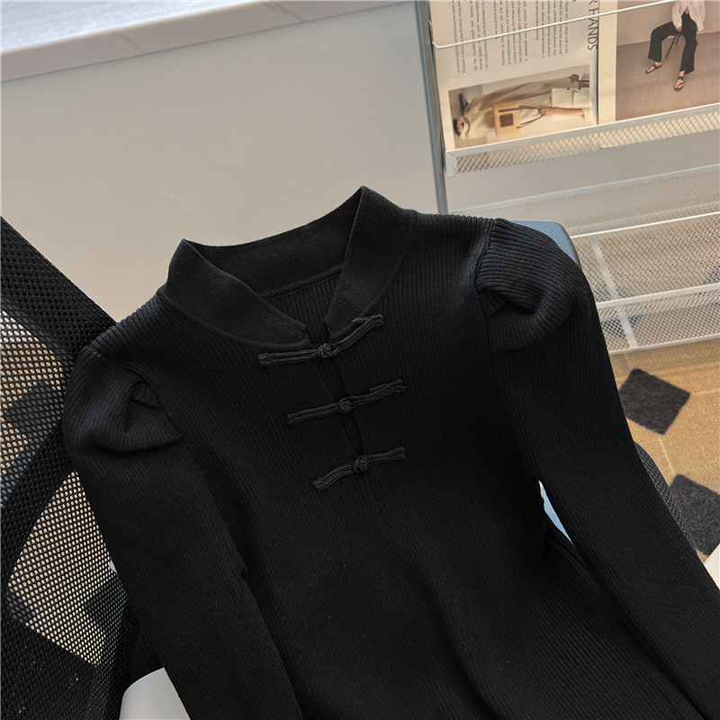Chinese style cstand collar tops lazy autumn sweater for women