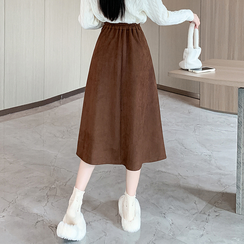 Long leather cashmere autumn and winter A-line skirt