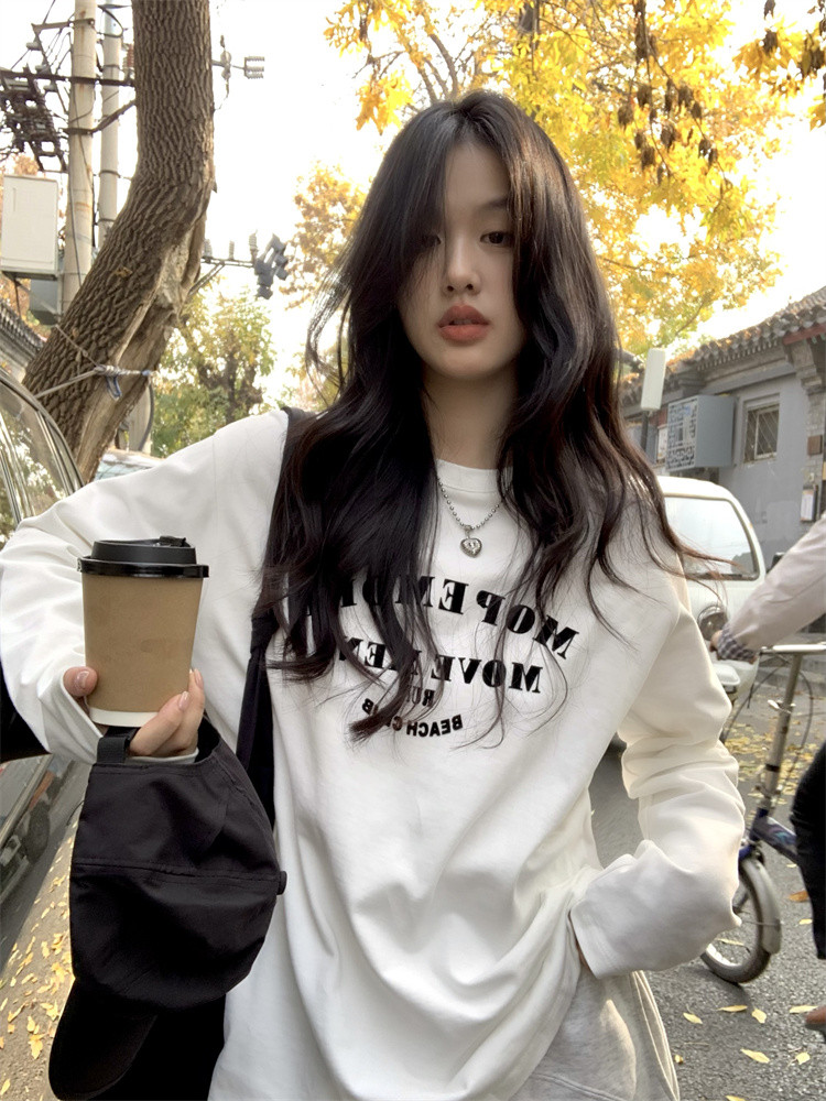 Long sleeve round neck printing loose sueding letters T-shirt