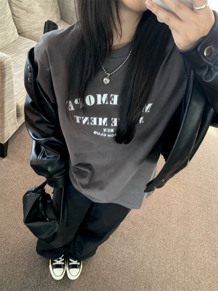Long sleeve round neck printing loose sueding letters T-shirt