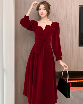 Red long sleeve formal dress wedding evening dress