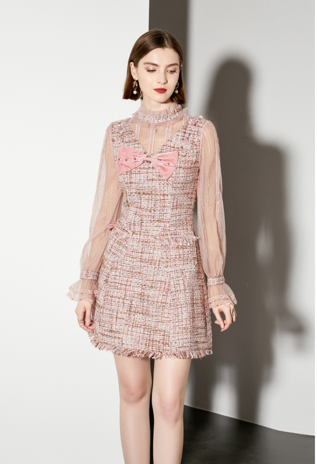 Pink light luxury A-line show young set beads dress