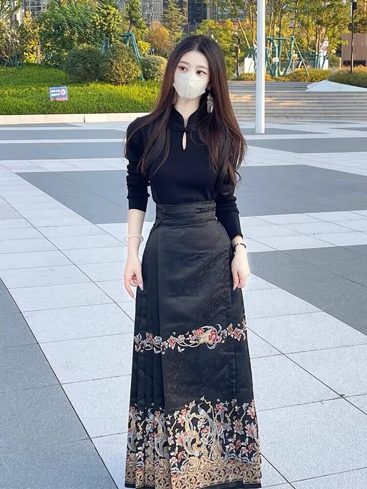 Chinese style tops small fellow skirt a set for women