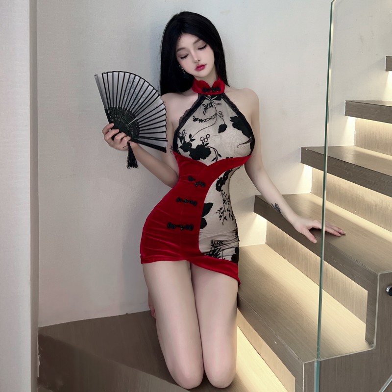 Velvet sexy cheongsam irregular dress for women