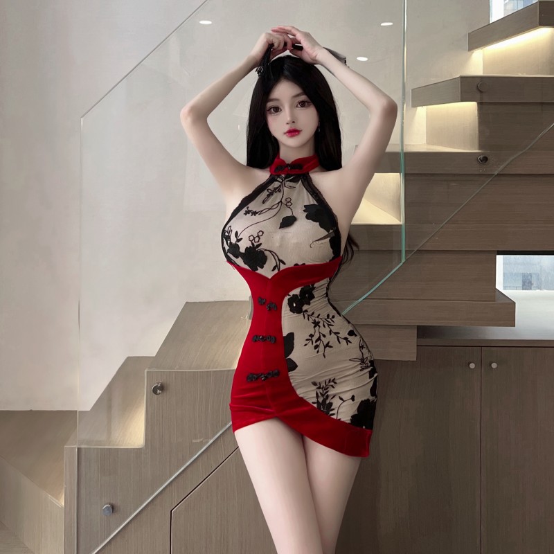 Velvet sexy cheongsam irregular dress for women