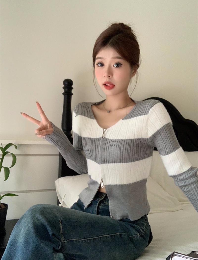 All-match knitted mixed colors long sleeve cardigan