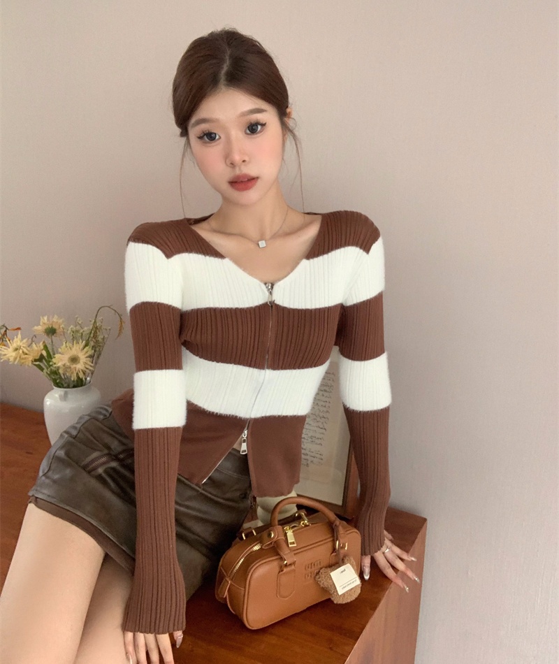 All-match knitted mixed colors long sleeve cardigan