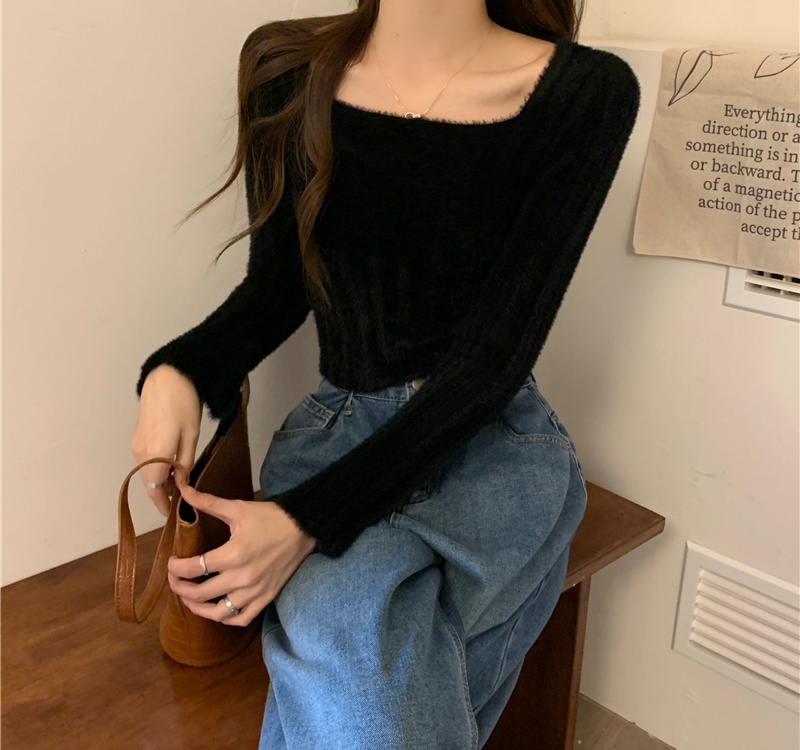 Long sleeve plush tops autumn and winter short sweater for women