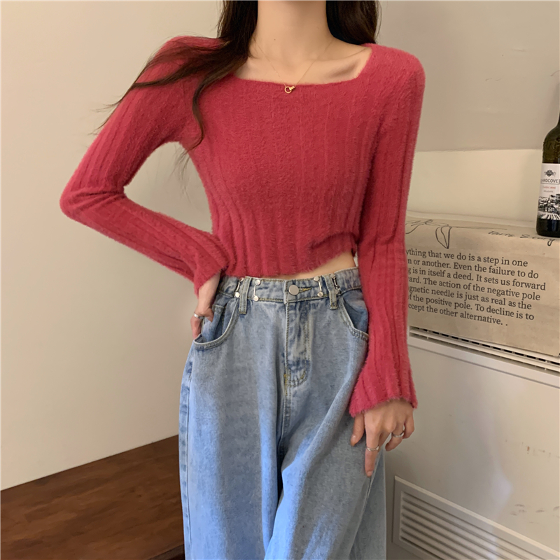 Long sleeve plush tops autumn and winter short sweater for women
