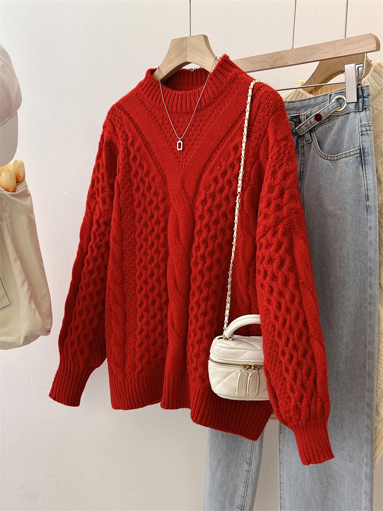 Pink lazy thick twist pullover loose sweater for women