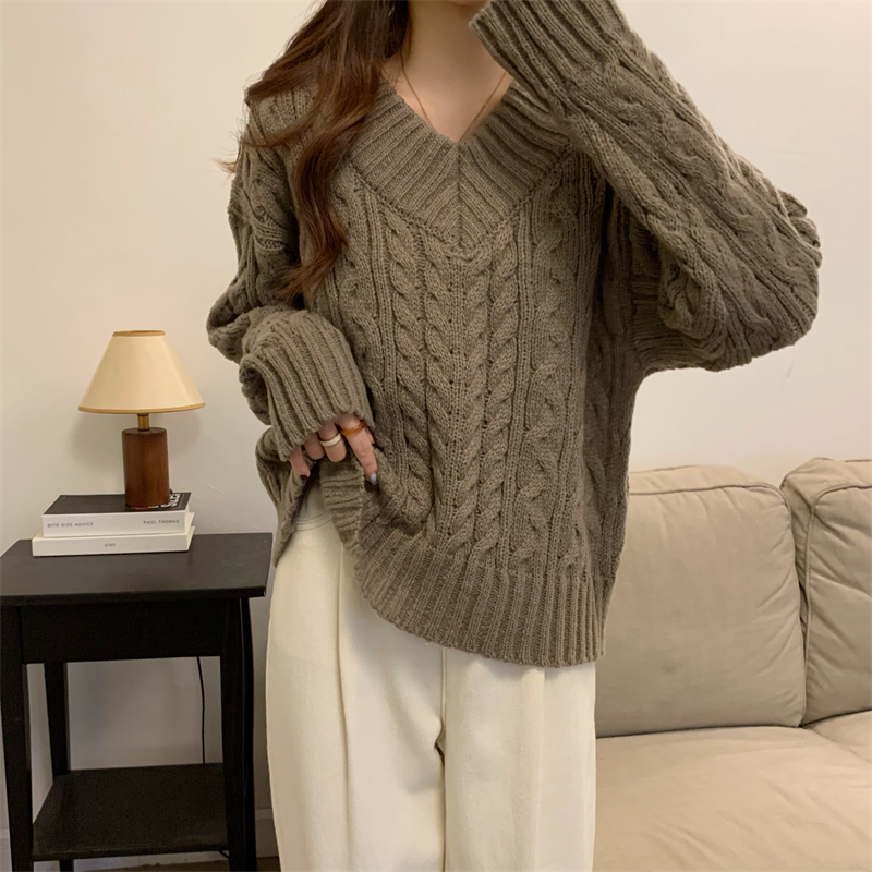 Lazy twist V-neck tops loose thick sweater