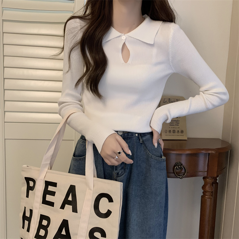 Korean style slim pure autumn and winter hollow knitted tops