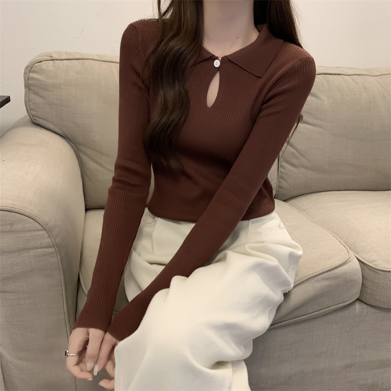 Korean style slim pure autumn and winter hollow knitted tops