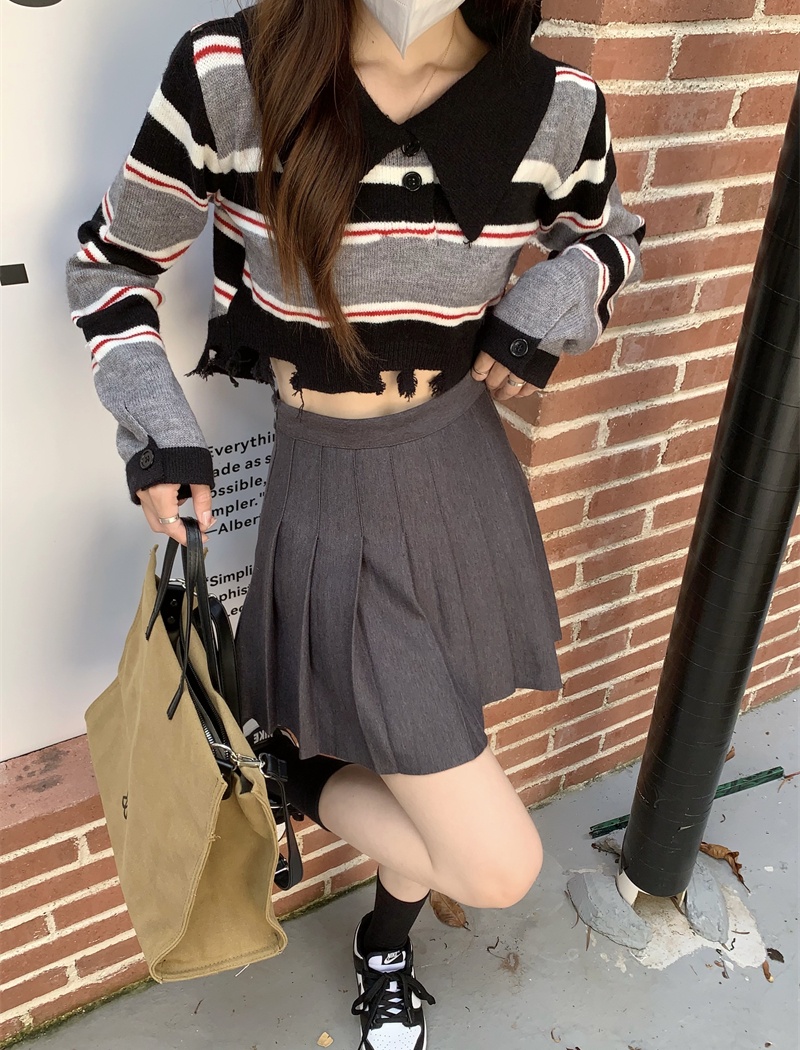 Knitted mixed colors short retro American style sweater