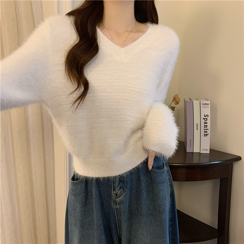 Loose knitted plush tops V-neck purple lazy sweater for women