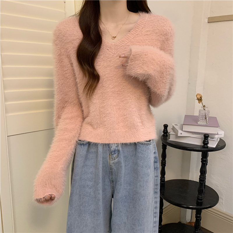 Loose knitted plush tops V-neck purple lazy sweater for women