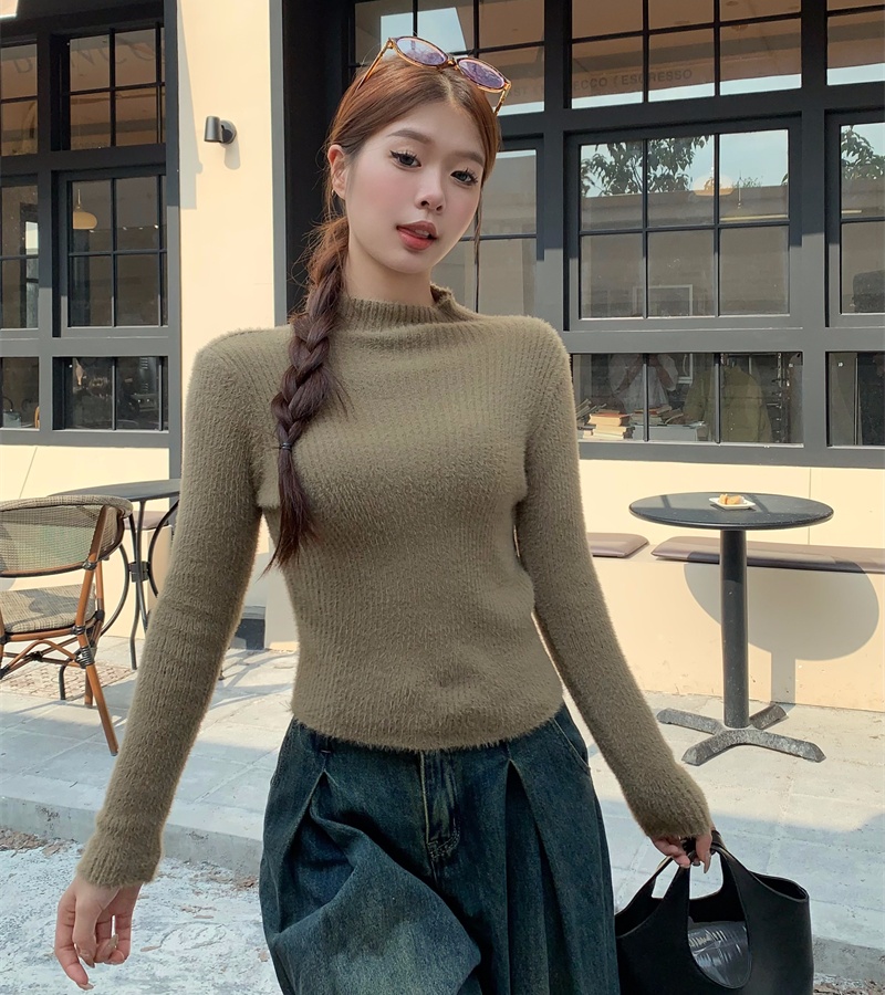 Knitted half high collar pure sweater for women