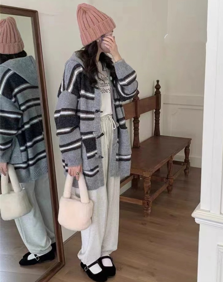 Hooded stripe long sweater lazy autumn and winter coat