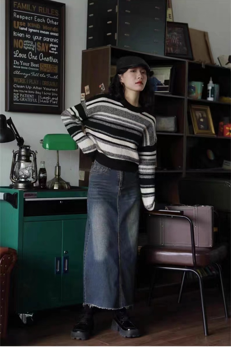 Stripe short bottoming shirt Korean style tops for women