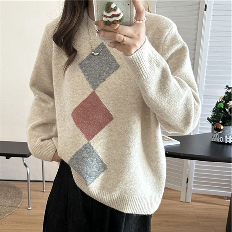 Mixed colors plaid tops knitted sweater for women