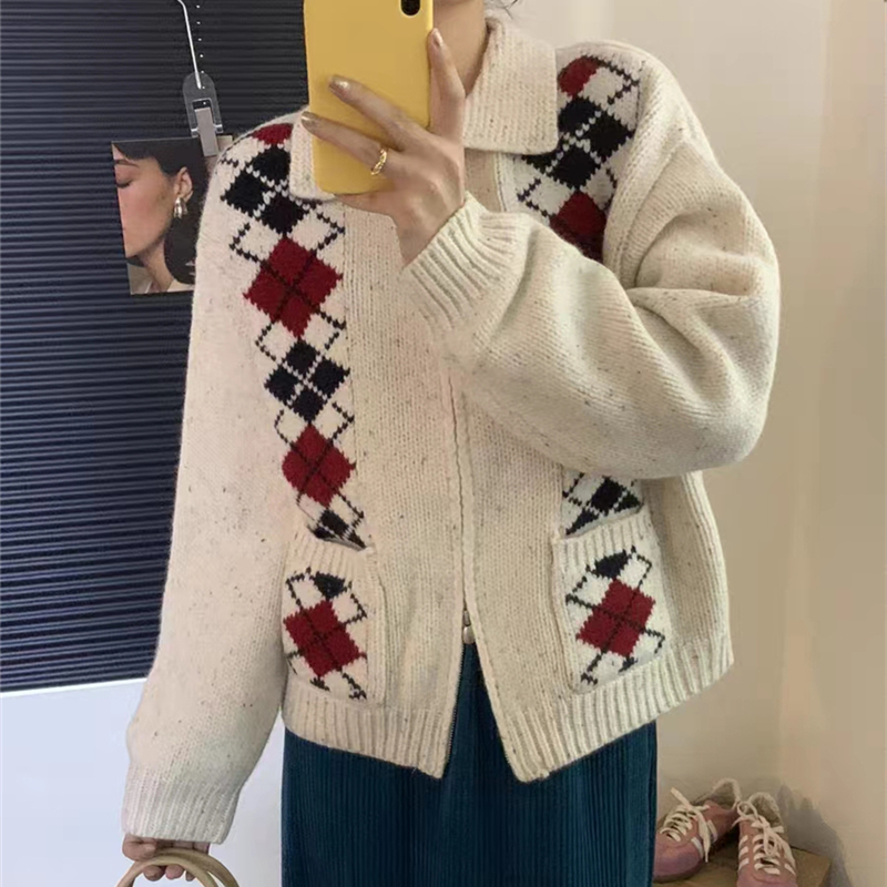 Loose fashion cardigan retro mixed colors sweater for women