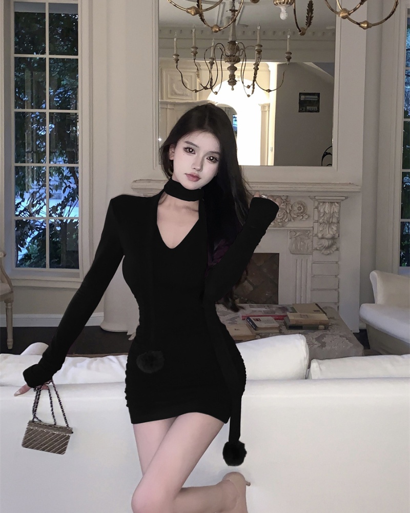 V-neck hairball Korean style spicegirl fold dress