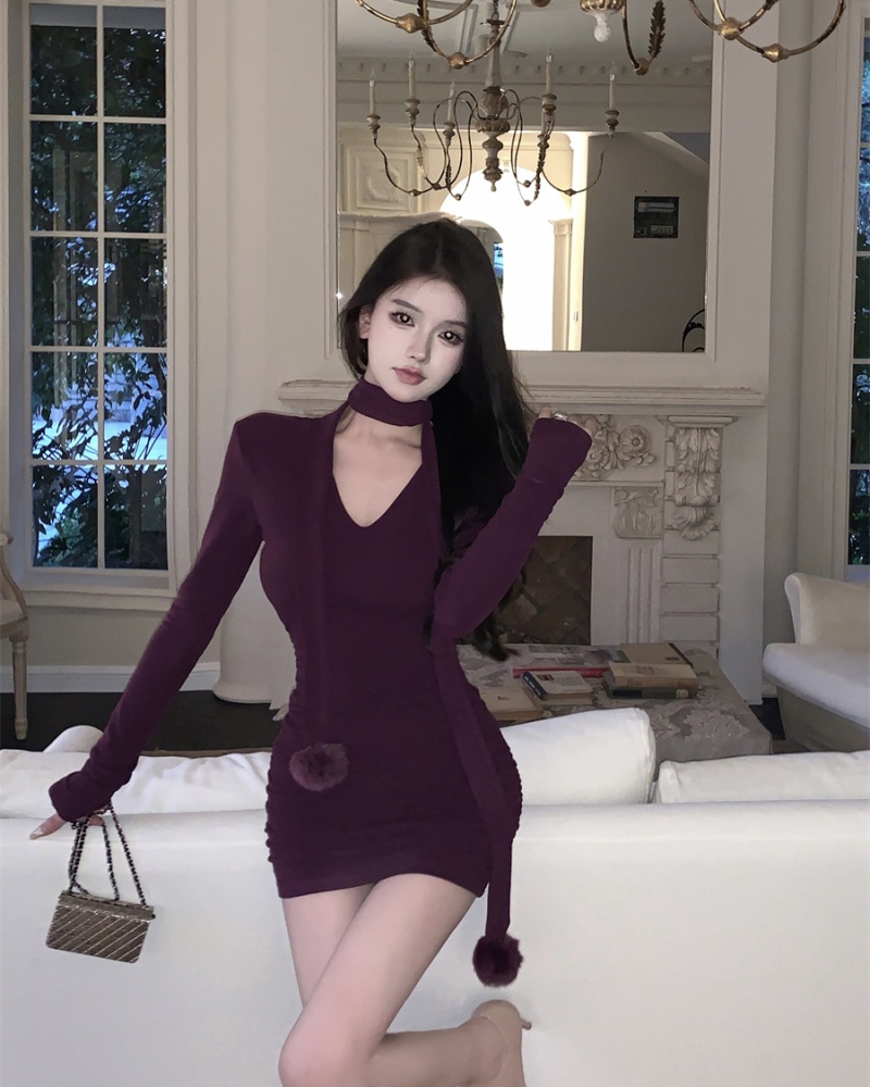 V-neck hairball Korean style spicegirl fold dress