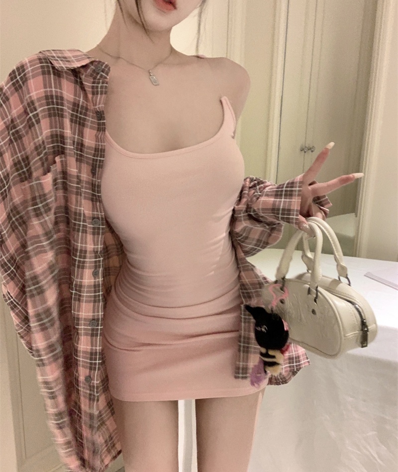 Loose package hip shirt autumn pink strap dress 2pcs set