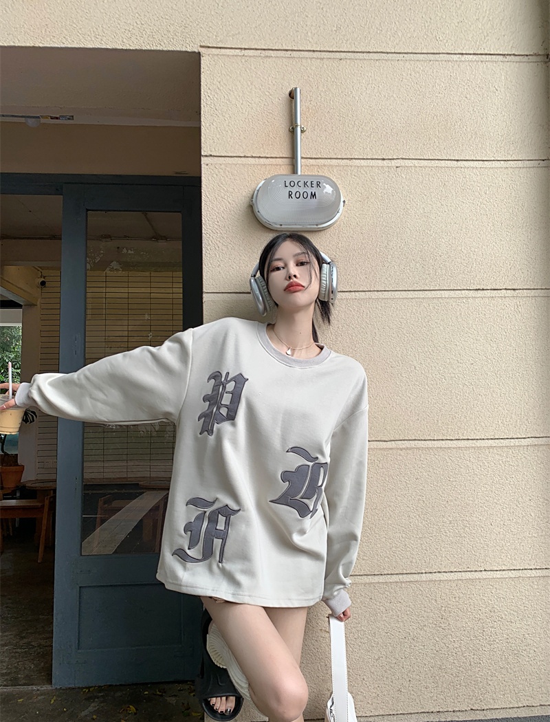 Casual gray hoodie loose embroidery tops for women