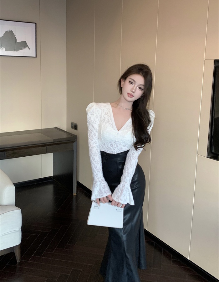 Lace skirt puff sleeve shirts a set for women