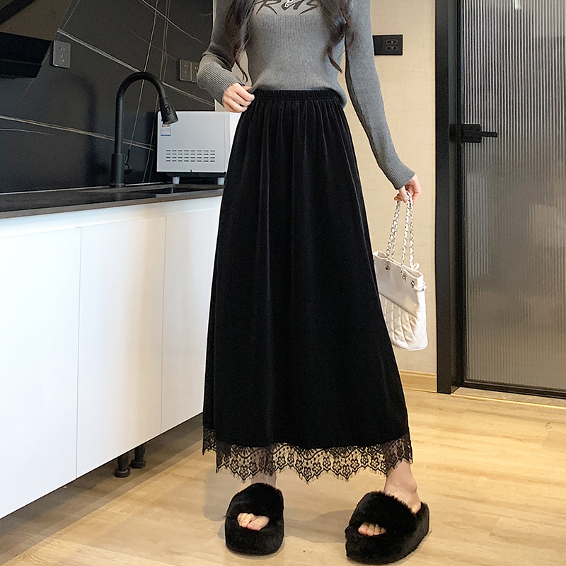 Autumn and winter black long lace long skirt for women