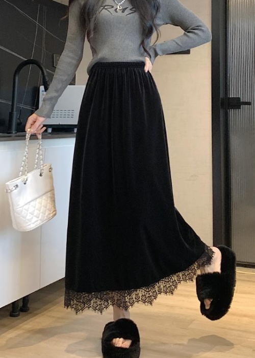 Autumn and winter black long lace long skirt for women