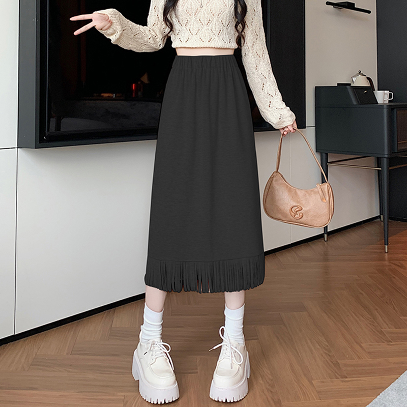 Tassels loose pink knitted slim thick long skirt