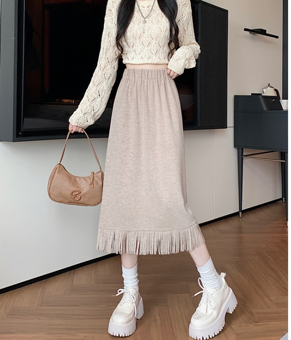 Tassels loose pink knitted slim thick long skirt