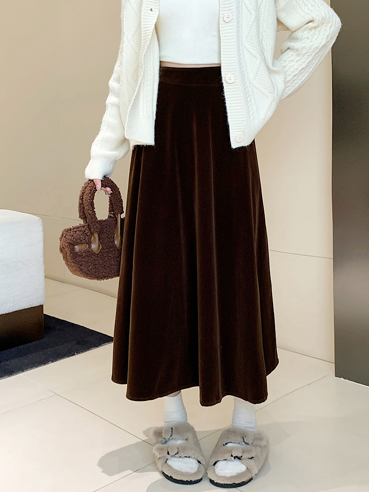 Autumn and winter velvet A-line slim long skirt