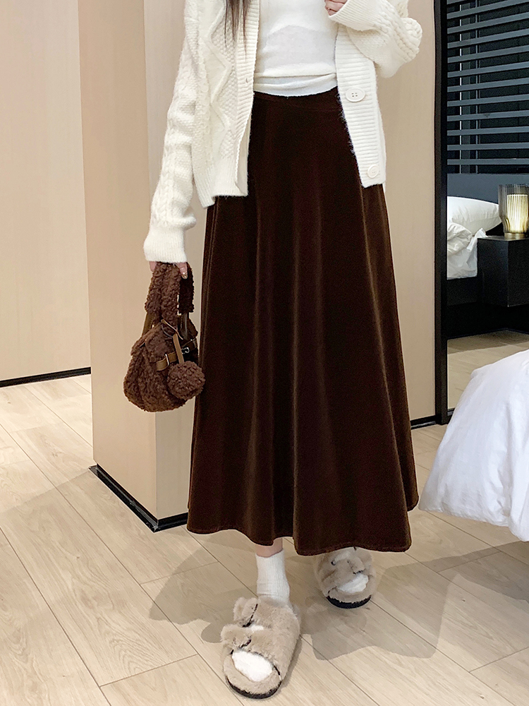 Autumn and winter velvet A-line slim long skirt