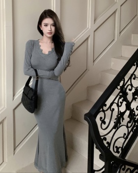 Long autumn and winter all-match lace tight V-neck dress for women