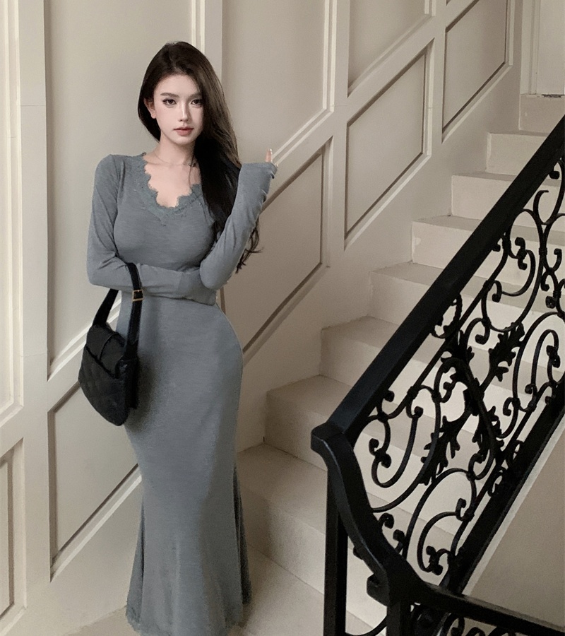 Long autumn and winter all-match lace tight V-neck dress for women