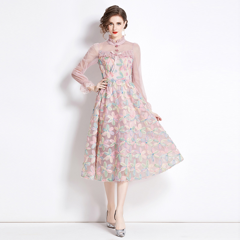 Embroidery lace sweet pink lady dress lady spring gauze dress