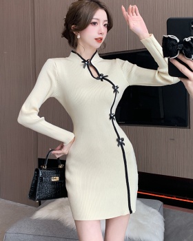 Retro knitted cheongsam pinched waist temperament dress