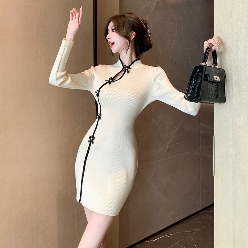 Retro knitted cheongsam pinched waist temperament dress