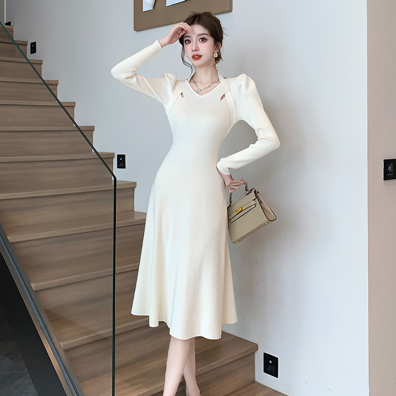 Long sleeve halter slim sweater thick A-line dress